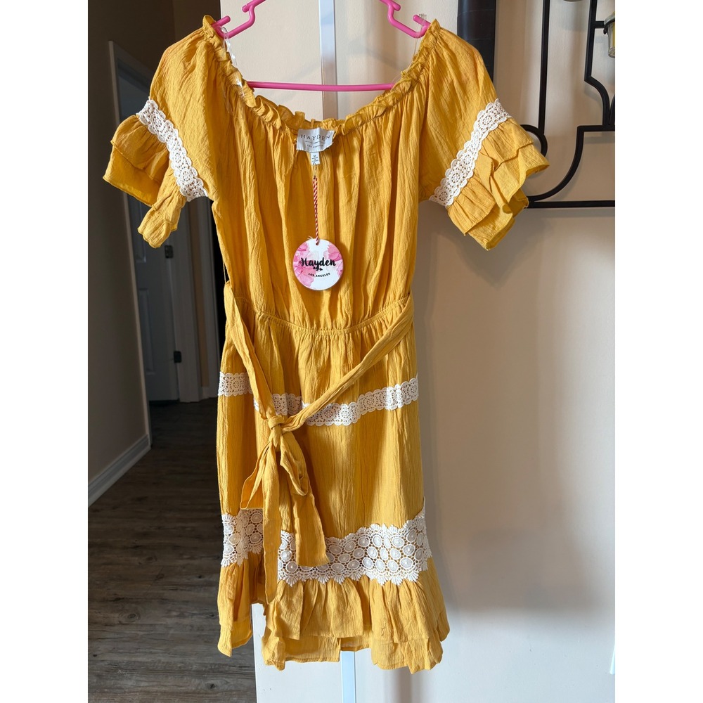 Hayden Los Angeles Mustard Yellow Lace Trim Off Shoulder Mini Dress Medium NWT